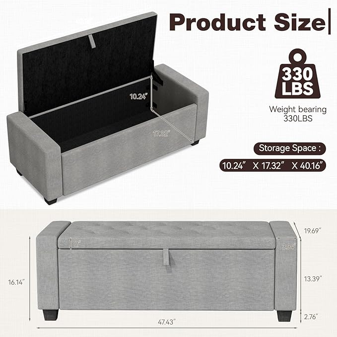 Storage Ottoman Bench, 50" End of Bed Bench with Legs,Storage Chest with Safety Hinge, Modern Entryway Benchs for Living Room, Bedroom, Entryway, Gray