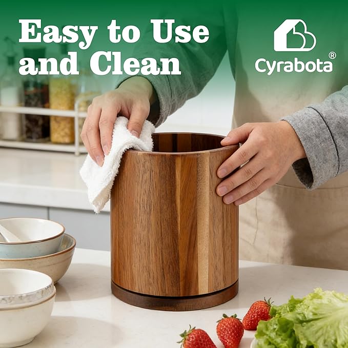 Acacia Wood Utensil Holder 360°Rotating Anti-Tip Design for Kitchen Counter,Cooking Utensil Crock for Countertop , Large Utensil Organizer for Spatula