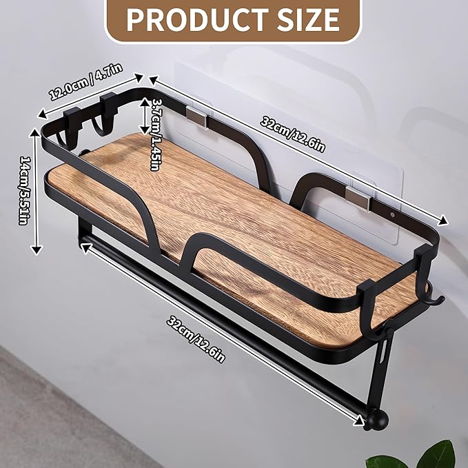 ZUNTO Paper Towel Holder with Shelf for Kitchen, Wall Mounted, Self-Adhesive or Drilling, Black Paper Towel Bar for Paper Roll or Towel Hanging, Storage Shelf Rack with Natural Wooden Board