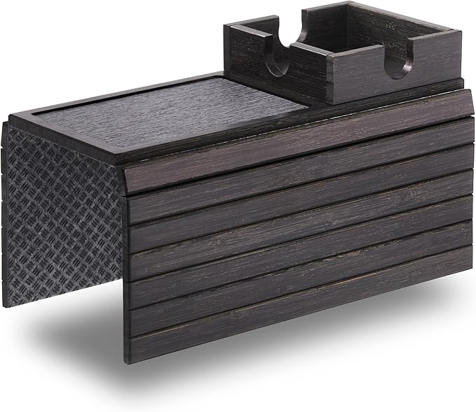 Detor Couch Cup Holder Tray with Super Anti-Slip Pad, Large 4.5" x 4.5" Organizer, Black-Stained Bamboo Finish, Enhanced Non-Slip Felt Base, Durable Bamboo Slats, Fits Armrests 5.5" and Wider