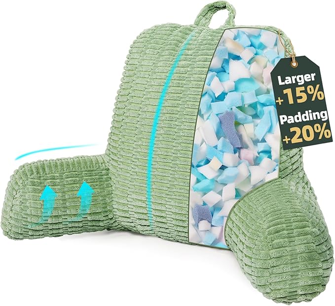 21" Higher Large Reading Pillow for Bed Adult, Back Pillow for Bed Sitting Up with Memory Foam Back Support with Arms Rest for Couch Chair Sage Green