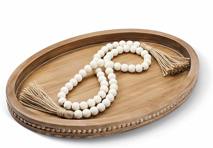 16" x 11.8" Oval Wood Decorative Tray with 58" Bead Garland, Farmhouse Coffee Table & Kitchen Island Décor, Rustic Brown Entryway Console Tray for Styling, Candles & Small Items