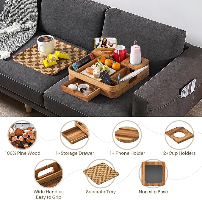Couch Cup Holder, Checkered Couch Tray Cup Holder Sofa Tray, Acacia Wood Large Capacity 2-Tier Wooden Trays with Drawer for Sofa, Bed, Picnic, Drinks, Snacks, Remote, Cell Phone 12.5 * 12.5 in