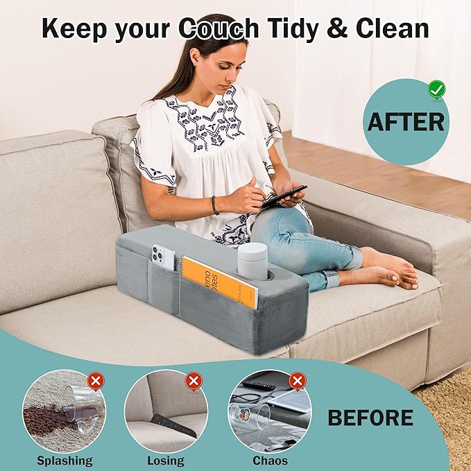 HOMBYS Removable Couch Armrest with Cup Holder,High Density Foam Couch Caddy with Storage，Remote Holder for Sofa,Removable Cover