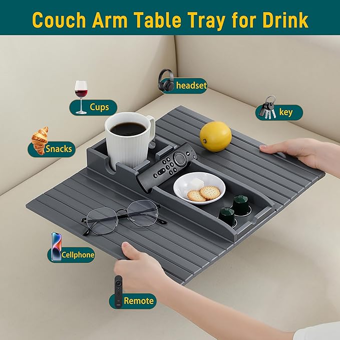 Bamboo Couch Cup Holder Arm Tray，Foldable Couch Drink Holder Armrest Table，Sofa Arm Rest Tray，Flexible Arm Chair Table Recliners for Drink,Cups, Snacks, Phone, Remote (Grey)