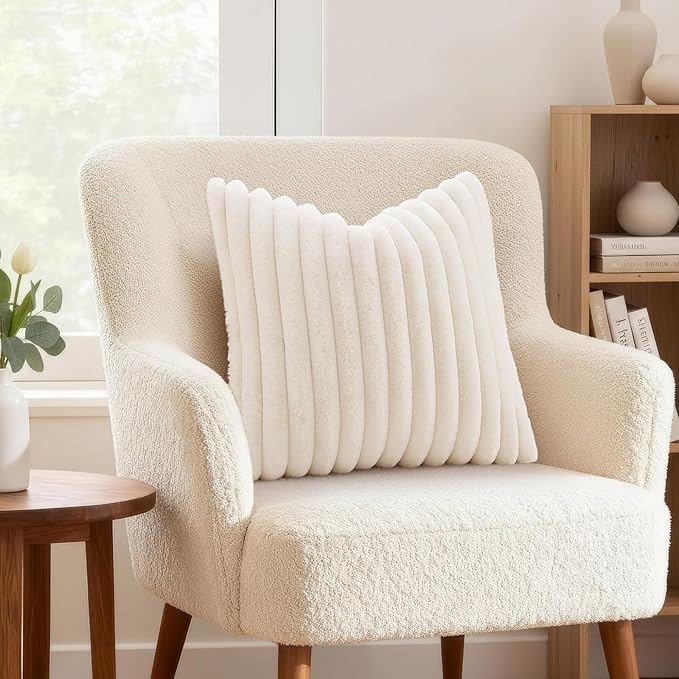 decorUhome Summer Cozy Faux Fur Throw Pillow Covers 24x24 Set of 2 Decorative Plush Striped Modern Farmhouse Boho Couch Euro Sham Pillow Cases with Velvet Back for Sofa Bed Living Room, Cream White