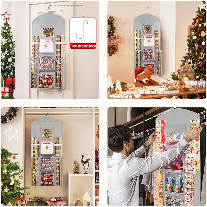 Woodoulogy Hanging Gift Wrapping Paper Storage, 40"X17" Grey Double-Sided Christmas Wrapper Bag Container, Oxford Craft Roll Organizer, Present Wrap Holder for Bedroom Closet, Door, Cabinet