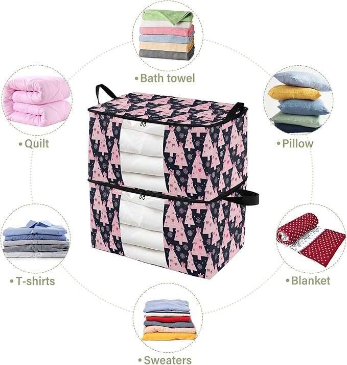 Burbuja Christmas Tree Clothes Storage Bag with Lids and Handle, 2 Pack Foldable Blanket Storage Container with Sturdy Zipper & Clear Window for Bedroom Closet, 60L