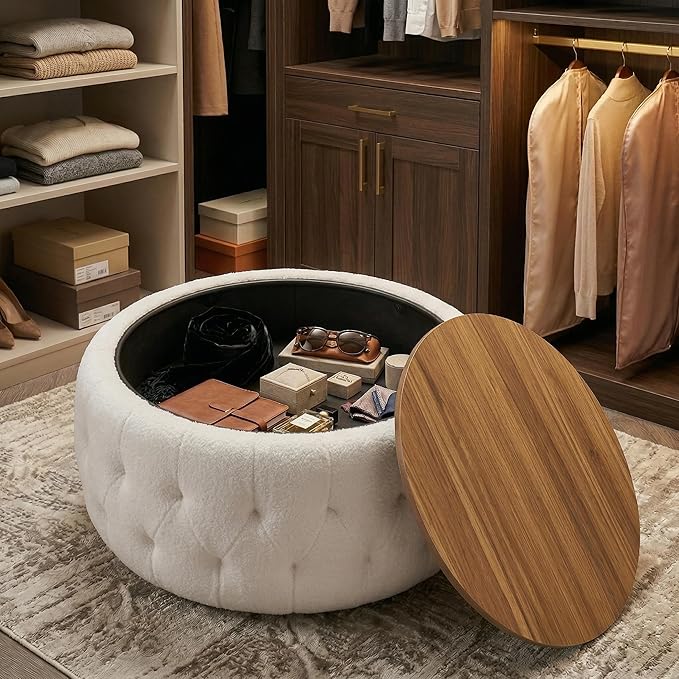 Large Round Storage Ottoman Coffee Table with Wooden Tabletop, 30.5 Inches Teddy Fleece Tufted Ottoman for Living Room, Bedroom, Apartments (White)