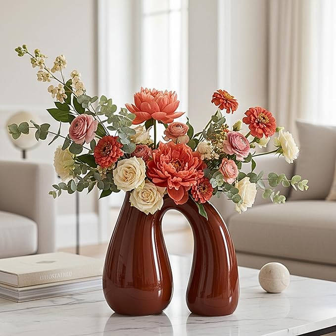 PROBENEX Brown Ceramic Decorative Pitcher Vase, 7.5 in – Glossy Sculptural Arch-Handle, Warm Earth-Tone Home Décor for Fresh or Dried Floral Arrangements, Table/Shelf/Entryway, Giftable