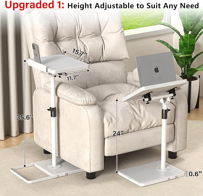 TV Tray Table for Couch, Height Adjustable/360° Swivel/180° Flip-Over Panel Design C-Shaped End Table, Sofa Arm End Side Table with Phone & Tablet Slot for Eating, Laptop,Couch Bed (White)