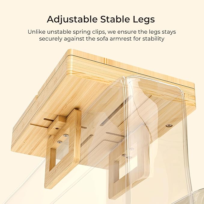 Wealone Bamboo Couch Arm Tray with 2 Rotatable Tray, Adjustable Sofa Arm Clip Table with Storage Box & 360° Phone Holder, Couch Armrest Table for Snacks, Drinks or Dining