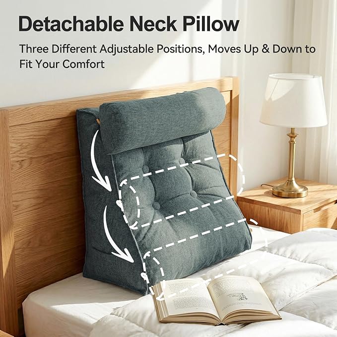 23" H Bed Wedge Reading Pillow with Adjustable Headrest, Reading Pillow for Sitting in Bed Couch Adult Backrest Pillow for Neck Back Lumbar Support with Removable Washable Cover Dark Gray