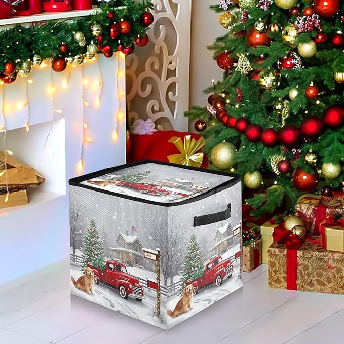 Red Truck Christmas Ornament Storage Basket Box Red Buffalo Plaid Winter Holiday Storage Container Cube with Adjustable Dividers for 64 Holiday Ornaments or Decorations Keeps Clean and Dry