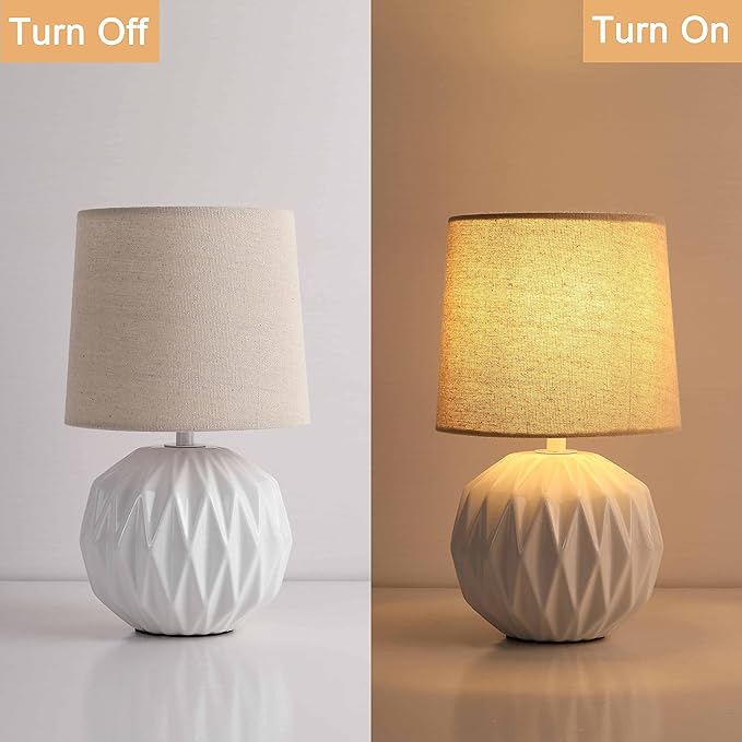White Ceramic Table Lamp, Geometric Textured Small Bedside Lamp with Linen Shade, Mid Century Modern Nightstand Lamp for Bedroom Living Room Reading Room, H 12" x W 6.7", 7W LED Bulb Included