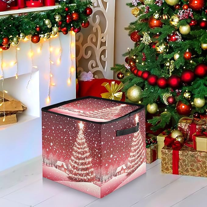 Red Christmas Tree Ornament Storage Basket Box Xmas Jingle Bells Winter Holiday Storage Container Cube with Adjustable Dividers for 64 Holiday Ornaments or Decorations Keeps Clean and Dry