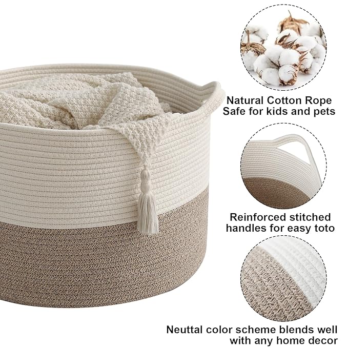 90L Extra Large Blanket Basket,Rope Woven Storage Basket with Handles, Laundry Hamper for Toys, Clothes, Pillows & Towels, Perfect for Living Room, Nursery & Bedroom, White & Brown