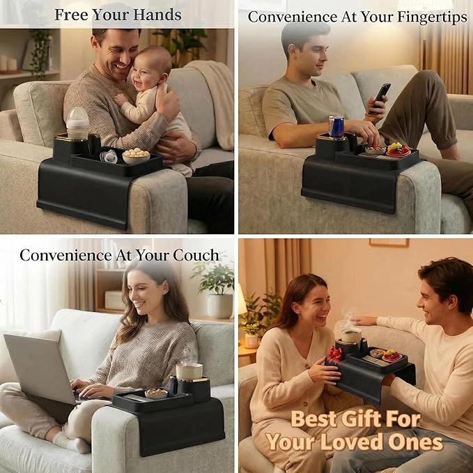 Luxury Silicone Couch Cup Holder Tray with Gold Trim, Anti-Spill Sofa Armrest Organizer, Weighted Non-Slip Recliner Tray Table for Drinks, Remote and Phone - Fits Most Couch Arms,Gift for family,Black