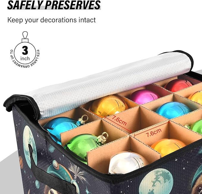 Kigai Sloth Christmas Ornament Storage Box with Zipper & Adjustable Dividers Holiday Ornament Organizer Xmas Storage Container, 64 Balls