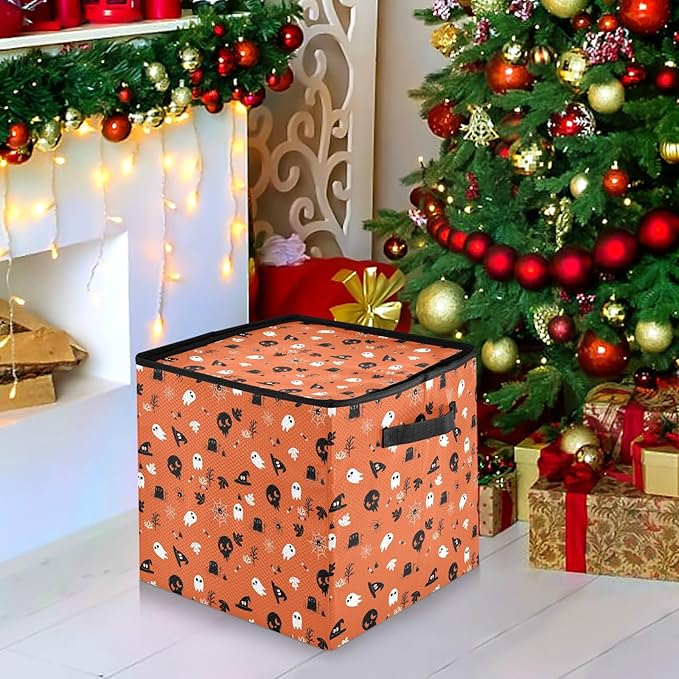 YETTASBIN Halloween Ghost Pumpkin Large Christmas Ornament Storage Box with Zipper & Adjustable Dividers, Storage Container with Lid & Handles for 64 Holiday Ornaments 3-Inch, 13 x 13 Inch