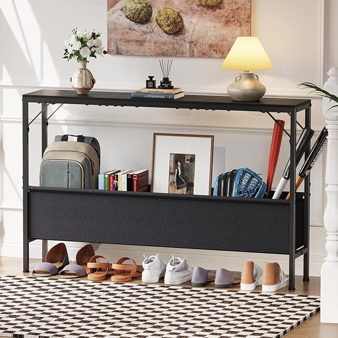 Asgolion Narrow Console Table, 47.2" Long Entryway Table with Storage Basket, Hallway Table, Mordern Industrial Sofa Tables for Living Room, Bedroom, Foyer, Office, Anti-tip Kit, Black