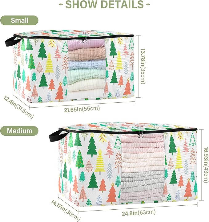 Burbuja Christmas Tree Clothes Storage Bag with Lids and Handle, 2 Pack Foldable Blanket Storage Container with Sturdy Zipper & Clear Window for Bedroom Closet, 60L