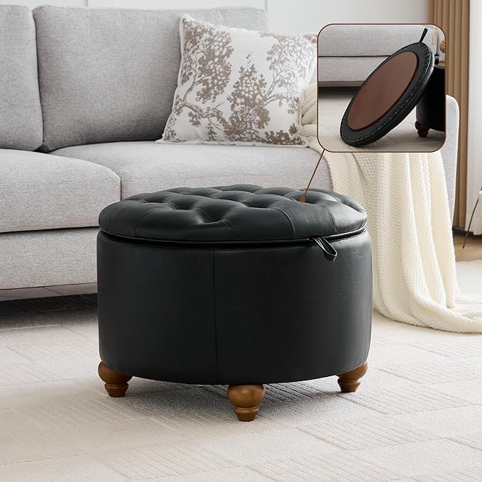 WUTUTUEE 24Inch Round Storage Ottoman with Tray, Modern Tufted Leather Circle Coffee Table with Storage, Upholstered Ottoman with Removable Top for Living Room, Bedroom, Leather Black
