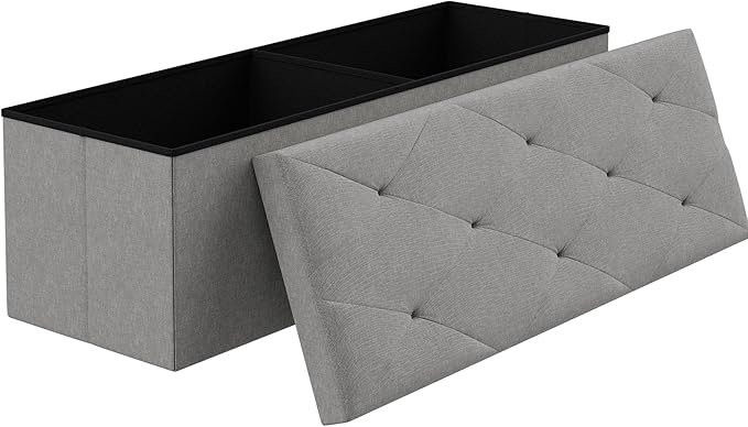VECELO 43'' Folding Storage Ottoman Bench, Storage Chest, Linen Fabric Foot Rest Stool, 158L Storage Footstools for Bedroom and Living Room, Holds up to 660 lbs, Grey