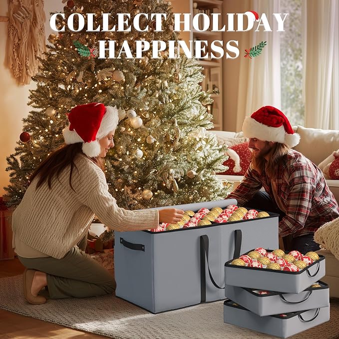 Keten Christmas Ornament Storage Boxes with 8 Individual Trays, Fits 128 Holiday Ornaments 3-Inch, Christmas Ball Accessories Container with 48 Dividers, Dual Zippered Closure, 600D Oxford (Grey)