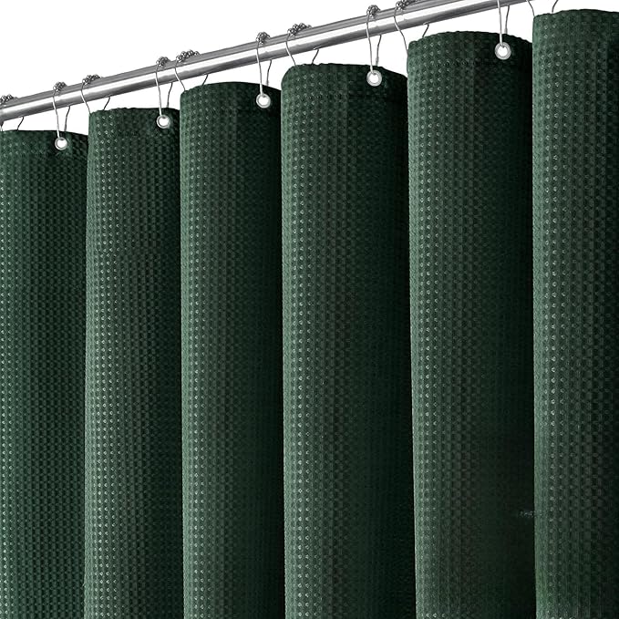 Dynamene Stall Fabric Shower Curtain - 54x78 inch Long Waffle Weave Weighted Thick Cloth Shower Curtains for Bathroom,Heavy Duty Hotel Spa Luxury Bath Curtain Set with 10 Plastic Hooks, Dark Green