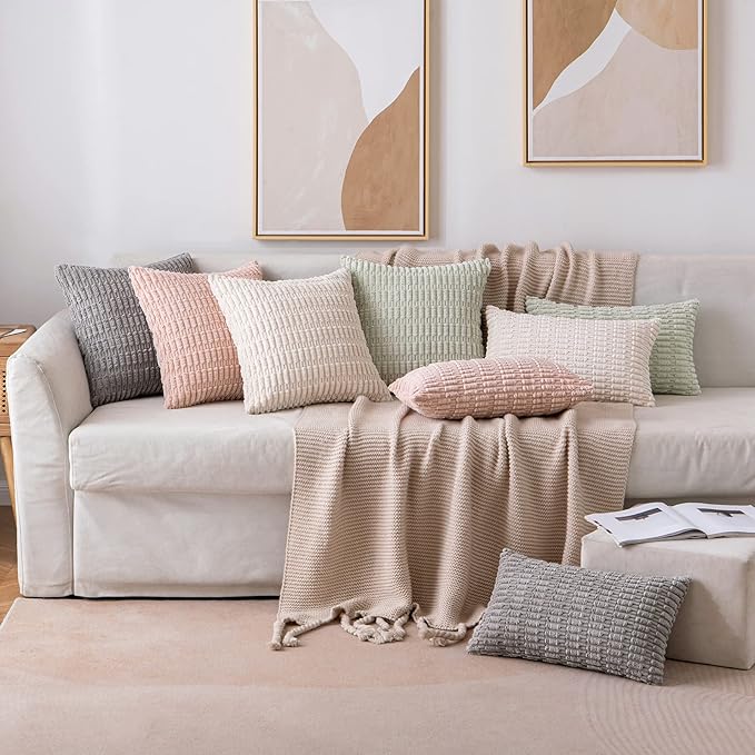 MIULEE Pack of 2 Spring Corduroy Decorative Lumbar Throw Pillow Covers 20x12 Inch Soft Boho Striped Pillow Covers Modern Farmhouse Home Decor for Summer Sofa Living Room Couch Bed Light Green