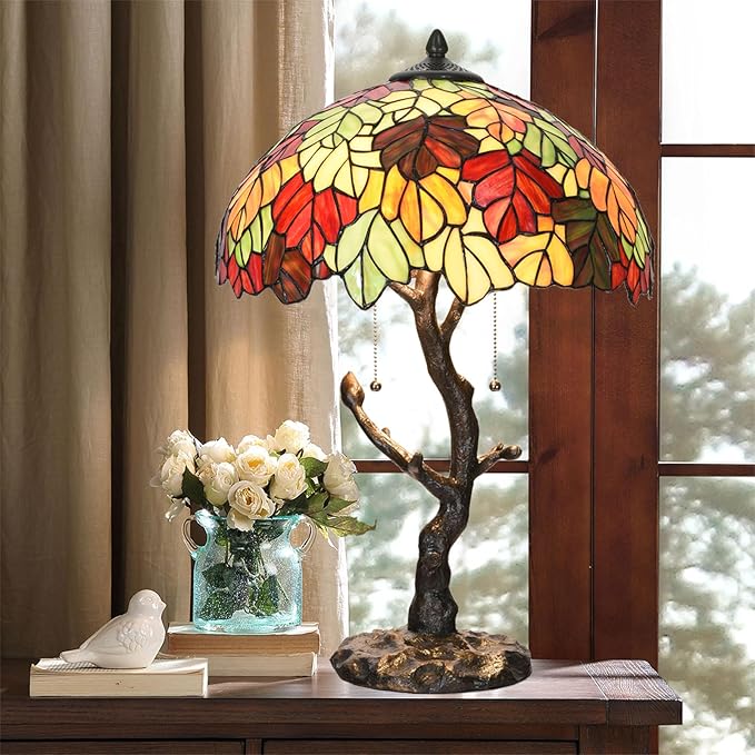TL0032 Maple Leaves Tiffany Table Lamp Bedside Stained Glass Shade Reading Desk Light 16 x 24.25 Inches for Bedroom Living Room Home Office, LED Bulbs Included