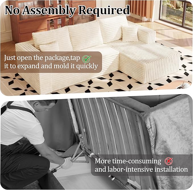 92.5" Cloud Sectional Boneless Couches for Living Room, Modular L Shaped Couch with Deep Seat Oversized Right Facing Chaise, Memory Foam Compressed Spineless 3 Seater Sofa for Apartment | Boneless Compressed, Sofa in a Box, Cloud Couch, Deep Seats, No ...