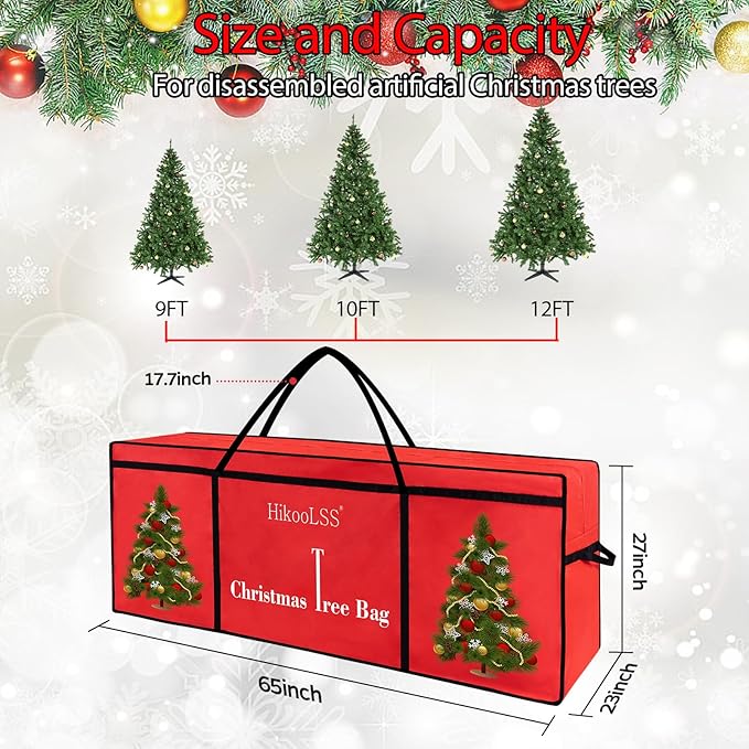 HikooLSS Christmas Tree Storage Bag 12 Ft Tall Tree Container/Holder Heavy Duty Oxford Dual Mesh Pockets,Moistureproof,Extra Large Christmas Tree Box for Big Xmas Tree Wide Opening Red(65X23X27in)
