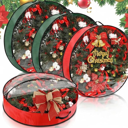 Aliceset 4 Pack Wreath Storage Containers, Ornament Garland Wreath Storage Bags with Handle Zipper Decorative Storages Box for Winter Valentine Wreaths(36 x 36 x 7.8 Inch,Red, Green)