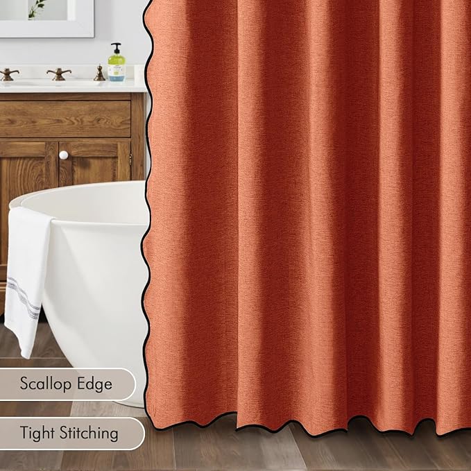 MIULEE Burnt Orange Scalloped Shower Curtain Linen Textured with 12 Metal Hooks Cute Heavy Duty Washable Waterproof Thick Cloth Shower Curtains with Black Border for Bathroom Hotel Bathtub,W72*L72