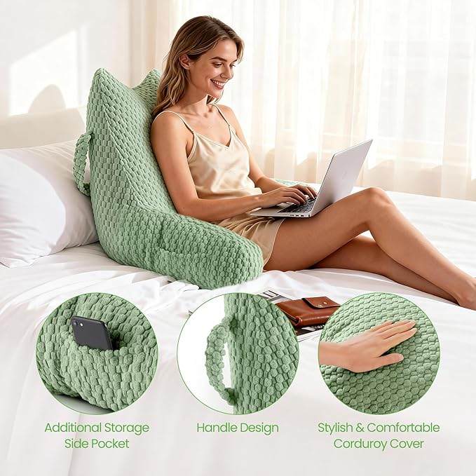 Reading Pillow for Bed Sitting Up, Backrest Pillow with Shredded Memory Foam Filling, Back Support Cushion, Bed Rest Pillow with Arms, Pockets and Washable Cover-Green