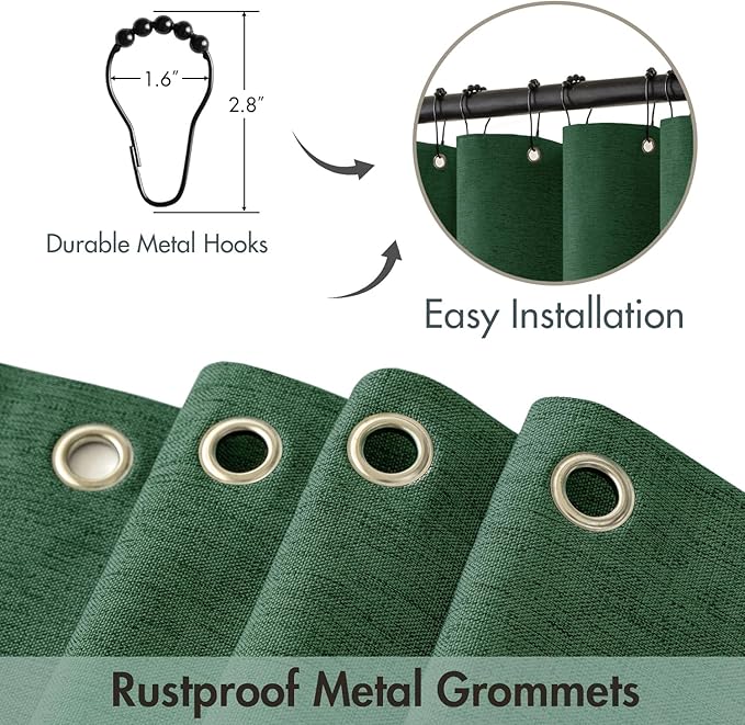 MIULEE Christmas Dark Green Scalloped Shower Curtain Linen Textured with 12 Metal Hooks Cute Heavy Duty Washable Waterproof Thick Cloth Shower Curtains with Black Border for Bathroom Hotel,W72*L72