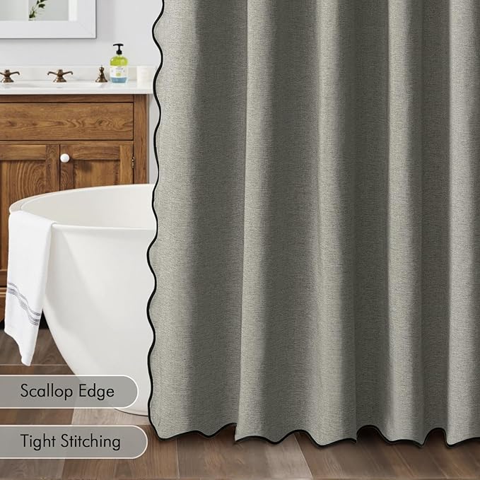MIULEE Grey Scalloped Shower Curtain Linen Textured with 12 Metal Hooks Cute Heavy Duty Washable Waterproof Thick Cloth Shower Curtains with Black Border for Bathroom Hotel Bathtub,W72*L72