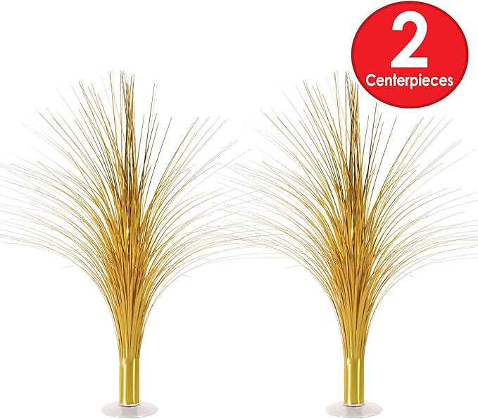 Beistle Metallic Spray Centerpieces - 2-Pack Elegant Gold Table Decorations with Clear Base, Shimmering Foil Sprays for New Year’s Eve, Hollywood Awards Night, Graduation and Celebration Events, 19”