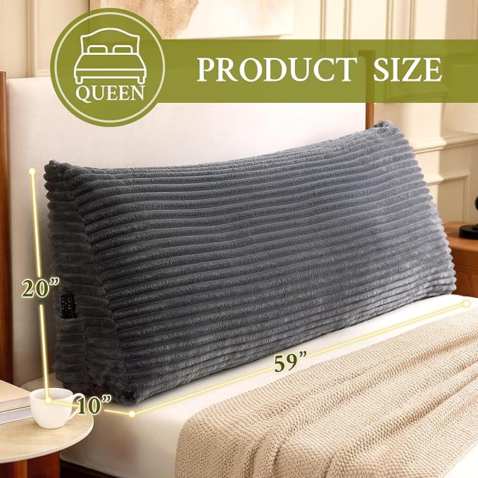 Headboard Pillow Queen, Headboard Wedge Pillow, Back Rest Pillows for Sitting, Reading, Working, Triangle Pillow with Removable Cover, Daybed Pillows for Bed Dorm Sofa, Dark Grey