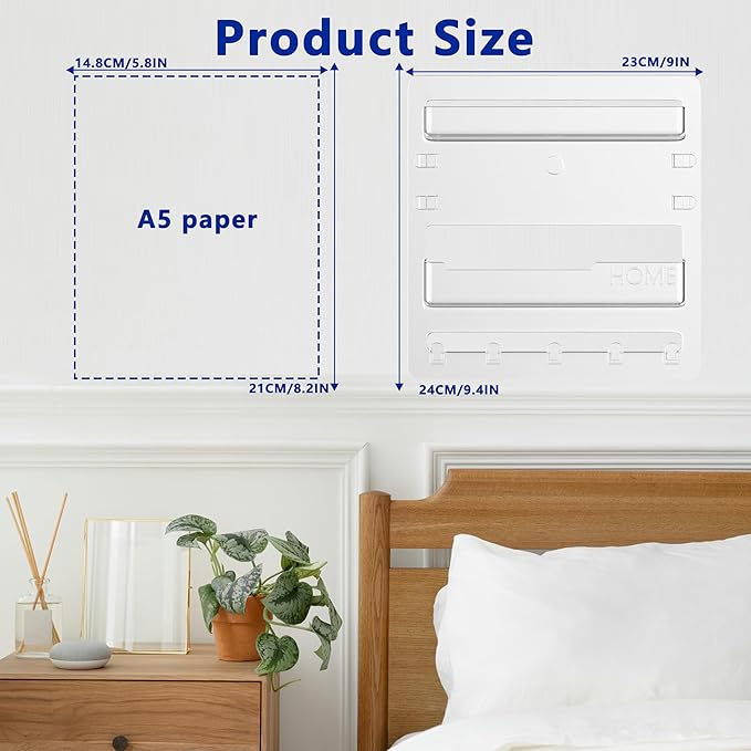 Bedside Wall Mount Organizer,Bedside Wall Shelf Accessories Floating Shelves Stick On for Bedroom Storage Organization,Aesthetic Room Dorm Decor for Girls,Cute Stuff for Teens,5 Hooks-Clear