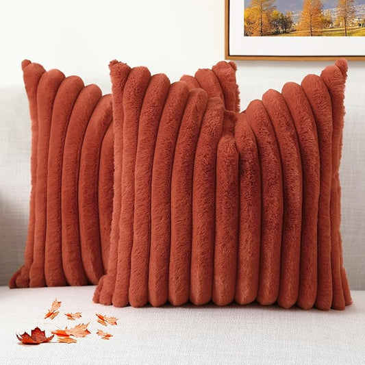 decorUhome Cozy Faux Fur Throw Pillow Covers 24x24 Set of 2 Decorative Soft Plush Striped Modern Farmhouse Boho Couch Euro Sham Pillow Cases with Velvet Back for Sofa Bed Living Room, Rust