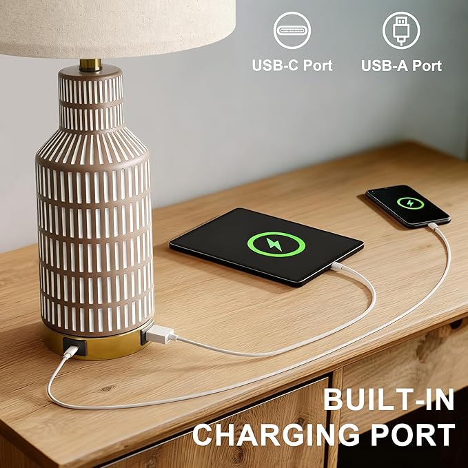 USumkky 25" Modern 3-Way Dimmable Touch Control with USB A+C Ceramic Lamps Set of 2 Table Lamp for Living Room Bedroom Farmhouse Nightstand Bedside Brown