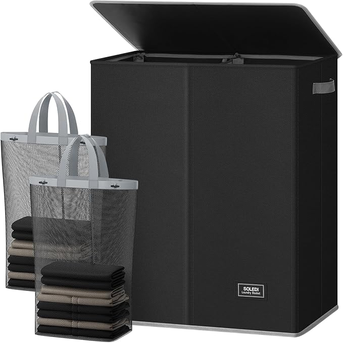 SOLEDI Double Laundry Hamper with Lid and Removable Laundry Bags - Large Dirty Clothes Hamper 2 Section - Collapsible Laundry Baskets for Bedroom, Bathroom, Laundry room, Apartment, Black