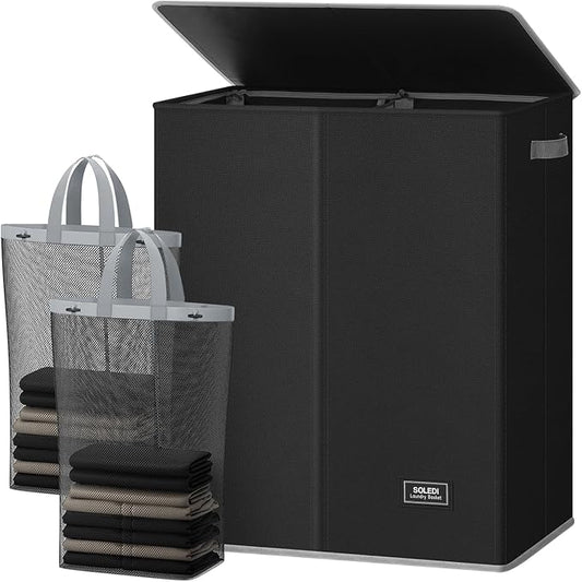 SOLEDI Double Laundry Hamper with Lid and Removable Laundry Bags - Large Dirty Clothes Hamper 2 Section - Collapsible Laundry Baskets for Bedroom, Bathroom, Laundry room, Apartment, Black