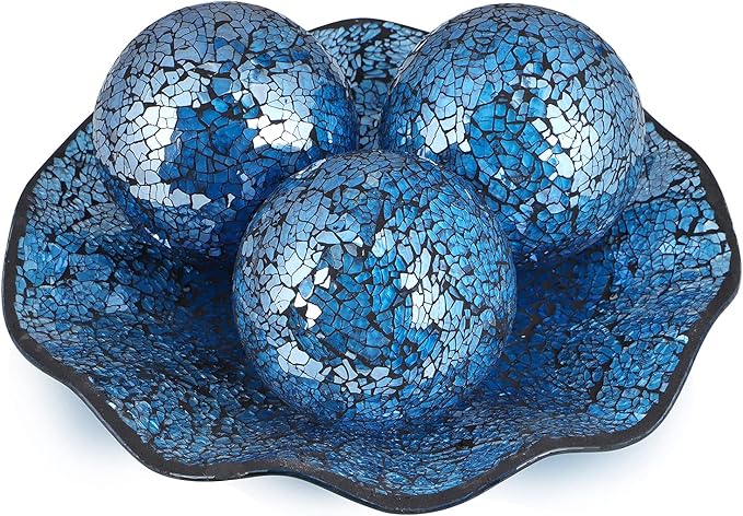 MDLUU Centerpiece Bowl and Balls Set, Mosaic Tray with 3 Pieces Spheres, 12" Decorative Plate with 4" Mosaic Orbs for Home Decor, Gift (Turquoise)