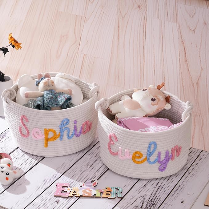 FKOG Baby Show Gift Basket, Personalized Cotton Rope Storage Basket, Baby Nursery Organizer with Custom Name, Newborn Baby Baptism Gift (Mix Color Basket)