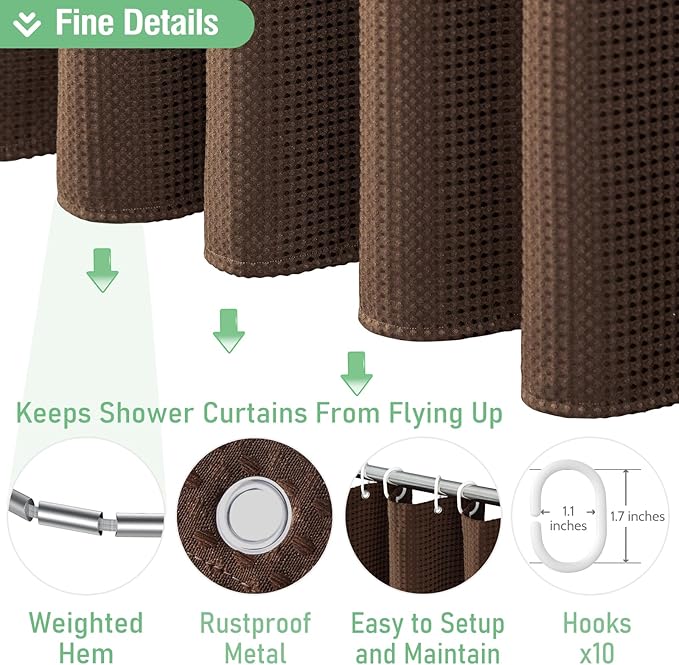 Dynamene 60 inch Stall Shower Curtain - Waffle Weave Heavy Duty Thick Fabric Shower Curtains for Bathroom,Weighted Hotel Spa Luxury Cloth Bath Curtain Set with 10 Plastic Hooks,60x72, Brown