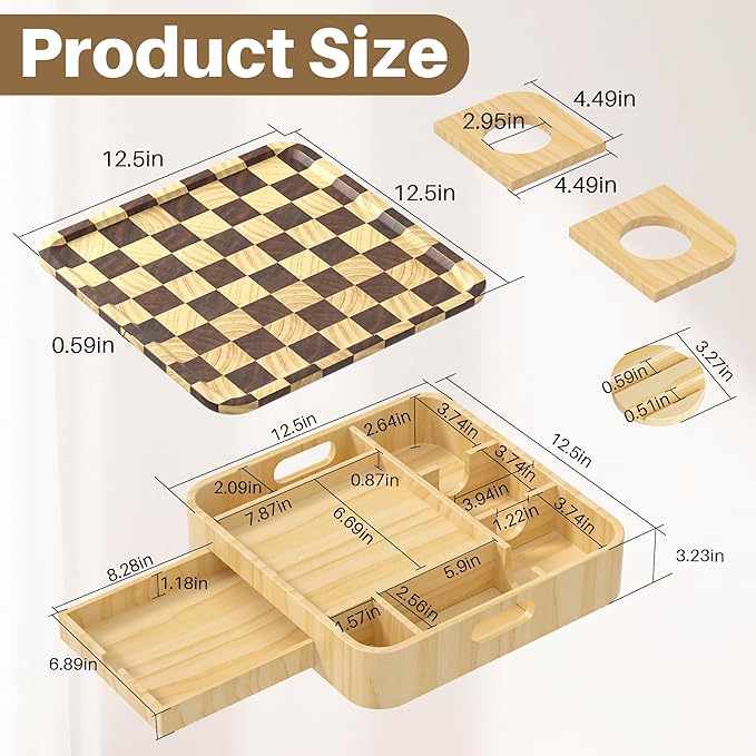 Couch Cup Holder, Checkered Couch Tray Cup Holder Sofa Tray, Large Capacity 2-Tier Wooden Trays with Drawer for Sofa, Bed, Picnic, Drinks, Remote, Cell Phone,TV Trays (Solid Pine Wood)12.5*12.5 in